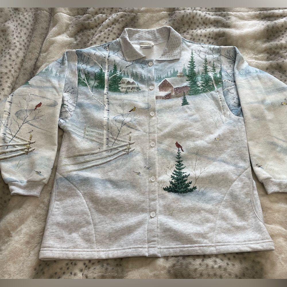 Vintage Bernie’s Glen Winter Snow Scene Farm House Botton Down Fleece